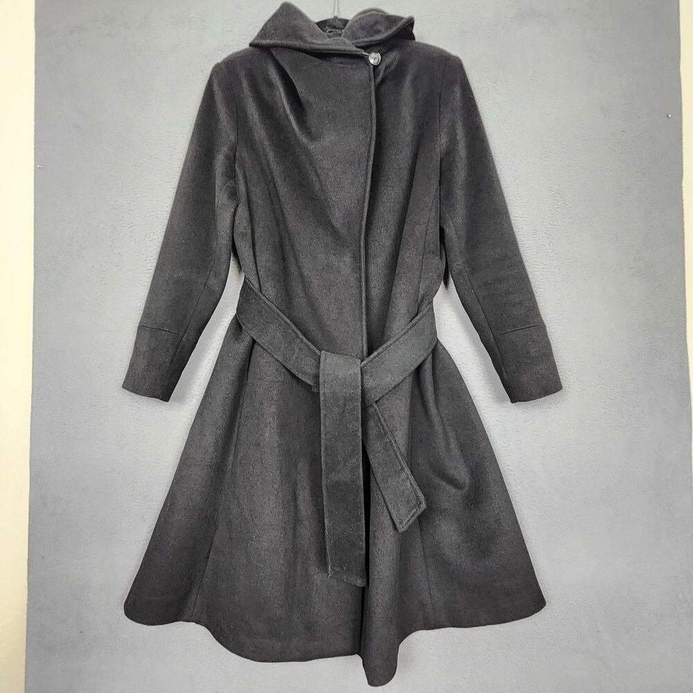 Cole Haan Coat Womens 14 Black Wool Blend Belted Hooded Wrap Long A Line